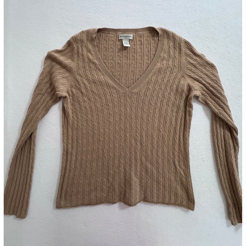 Banana Republic Camel Brown Cable Knit V-Neck Angora Cotton Sweater XL RN54023